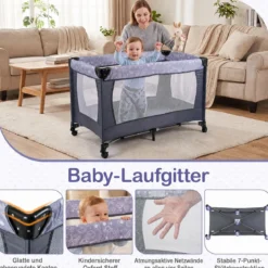 Babybett Klappbar Kinderreisebett auf Rollen mit Bremse Babywiege mit Abnehmbarem Wickeltisch Grau