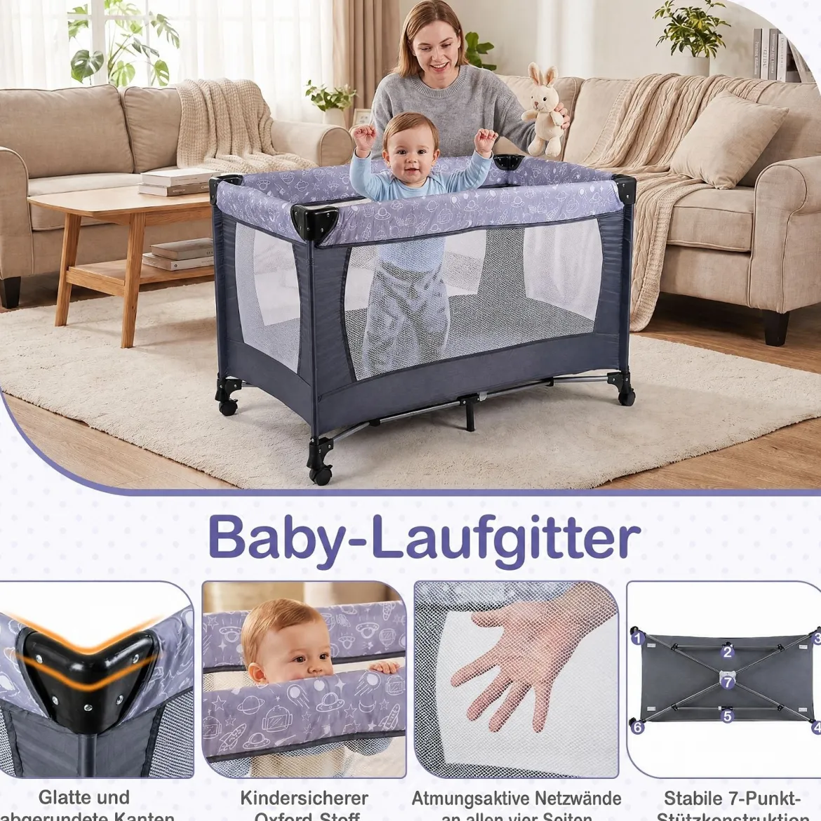 Babybett Klappbar Kinderreisebett auf Rollen mit Bremse Babywiege mit Abnehmbarem Wickeltisch Grau