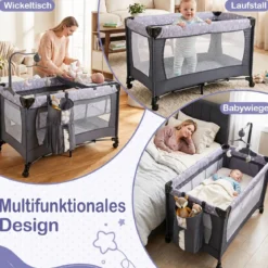 Babybett Klappbar Kinderreisebett auf Rollen mit Bremse Babywiege mit Abnehmbarem Wickeltisch Grau