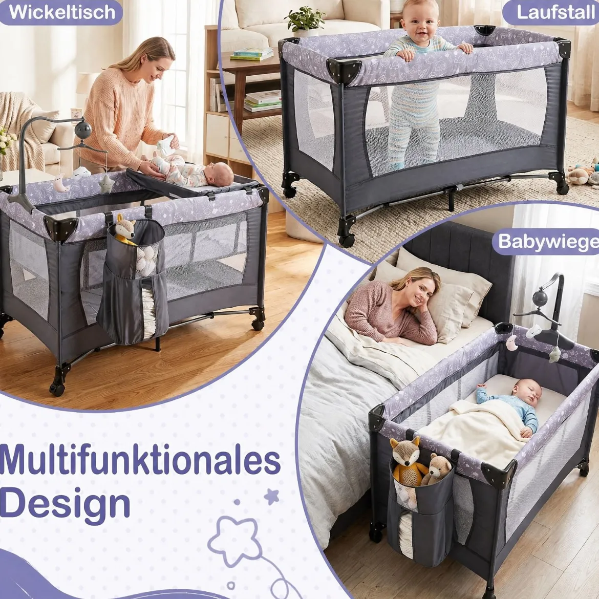 Babybett Klappbar Kinderreisebett auf Rollen mit Bremse Babywiege mit Abnehmbarem Wickeltisch Grau
