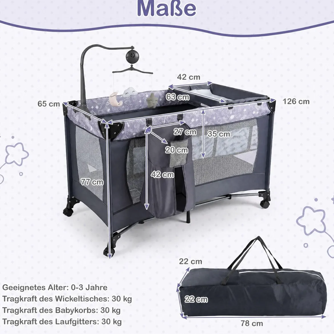 Babybett Klappbar Kinderreisebett auf Rollen mit Bremse Babywiege mit Abnehmbarem Wickeltisch Grau