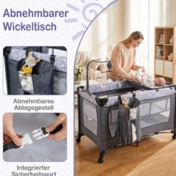Babybett Klappbar Kinderreisebett auf Rollen mit Bremse Babywiege mit Abnehmbarem Wickeltisch Grau