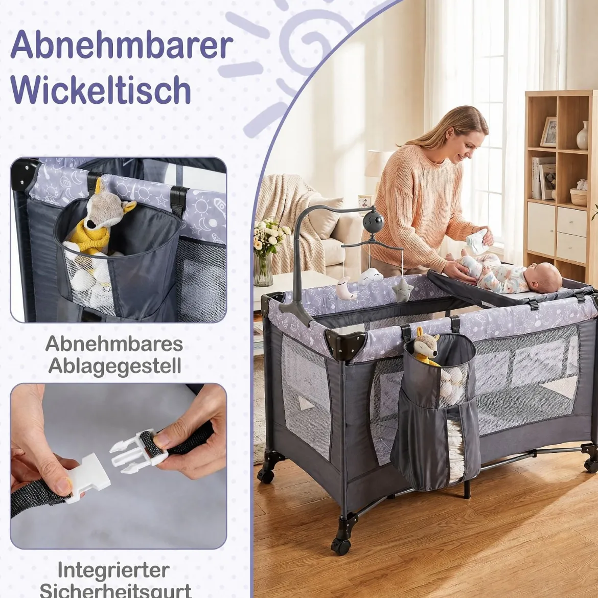 Babybett Klappbar Kinderreisebett auf Rollen mit Bremse Babywiege mit Abnehmbarem Wickeltisch Grau