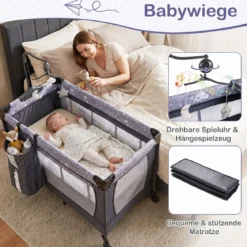 Babybett Klappbar Kinderreisebett auf Rollen mit Bremse Babywiege mit Abnehmbarem Wickeltisch Grau