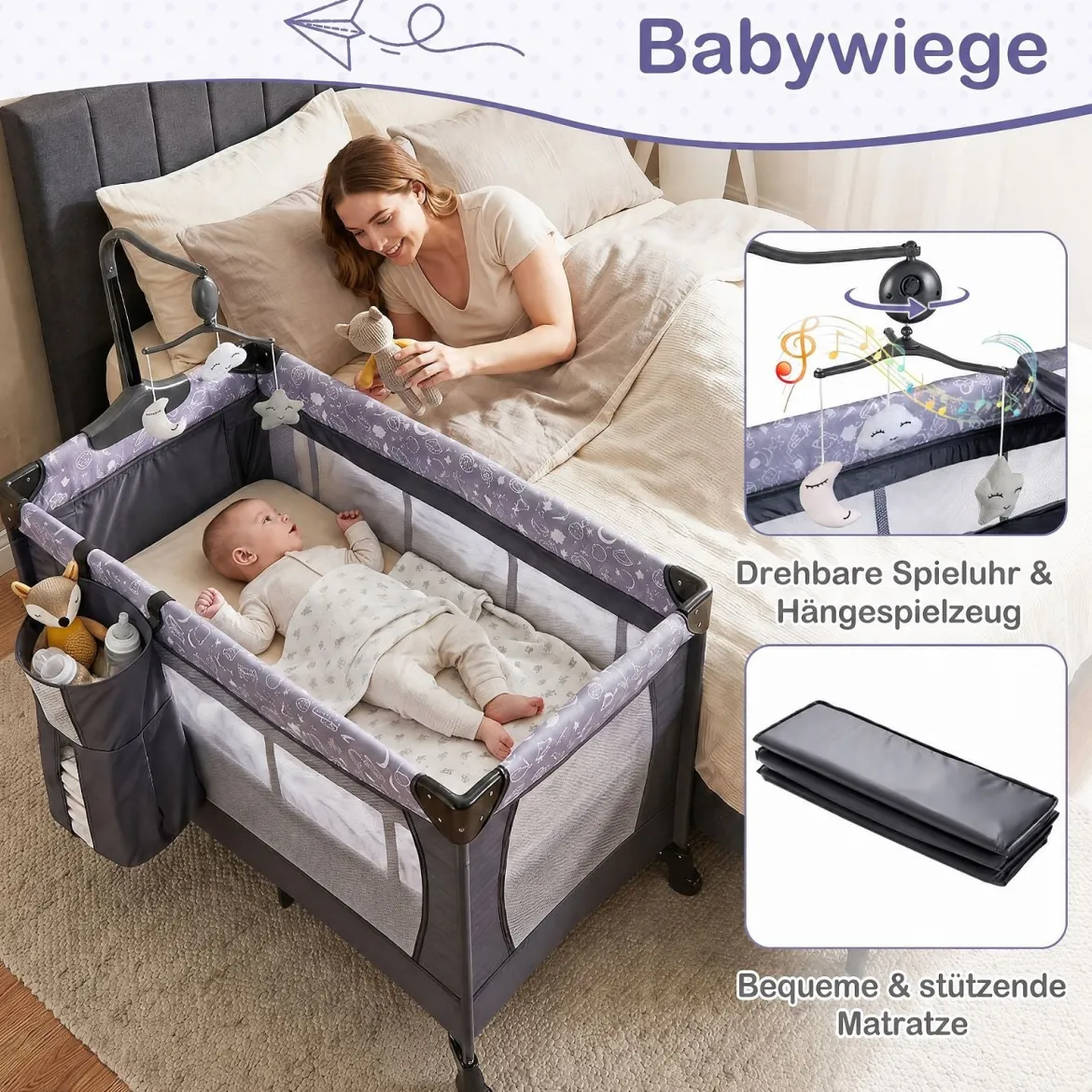 Babybett Klappbar Kinderreisebett auf Rollen mit Bremse Babywiege mit Abnehmbarem Wickeltisch Grau