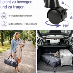 Babybett Klappbar Kinderreisebett auf Rollen mit Bremse Babywiege mit Abnehmbarem Wickeltisch Grau