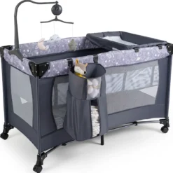 Babybett Klappbar Kinderreisebett auf Rollen mit Bremse Babywiege mit Abnehmbarem Wickeltisch Grau