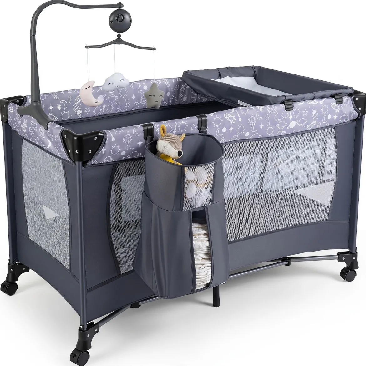 Babybett Klappbar Kinderreisebett auf Rollen mit Bremse Babywiege mit Abnehmbarem Wickeltisch Grau