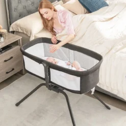 Babybett mit Matratze Manuelle Schaukelwiege für Babys 90 x 48 x 75 cm Grau + Weiß
