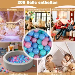 Φ105 Baby Bällebad mit 200 Ozeanbällen & Waschbarer Kunstlederbezug Bällepool Ballbecken Grau