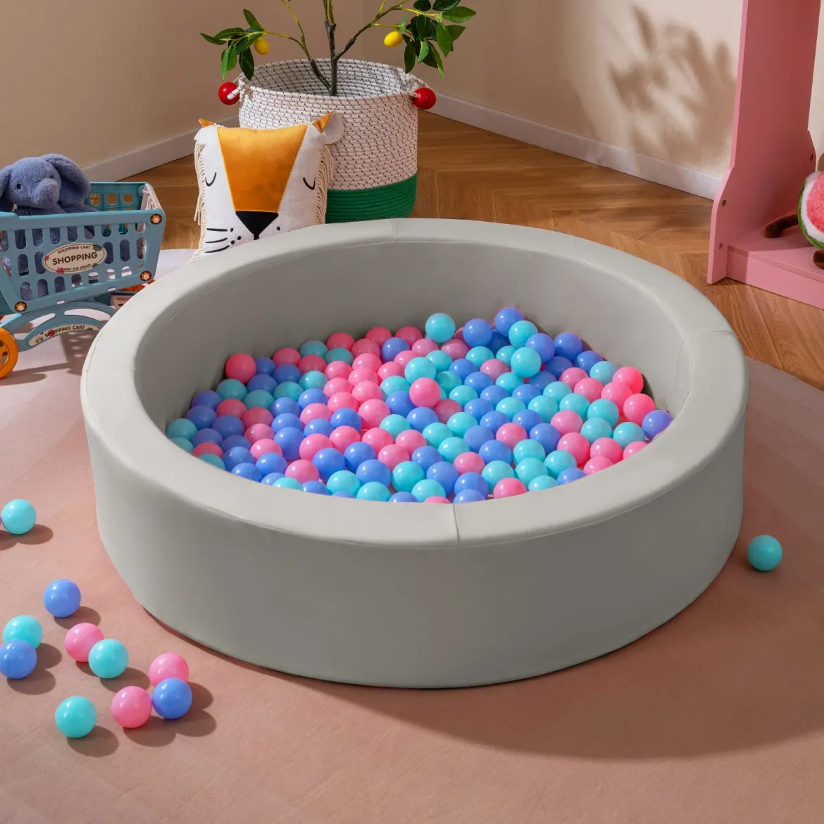 Φ105 Baby Bällebad mit 200 Ozeanbällen & Waschbarer Kunstlederbezug Bällepool Ballbecken Grau