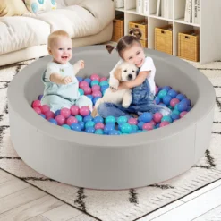Φ105 Baby Bällebad mit 200 Ozeanbällen & Waschbarer Kunstlederbezug Bällepool Ballbecken Grau