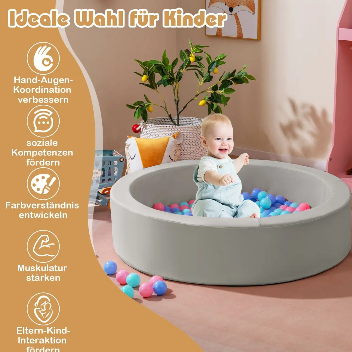 Φ105 Baby Bällebad mit 200 Ozeanbällen & Waschbarer Kunstlederbezug Bällepool Ballbecken Grau