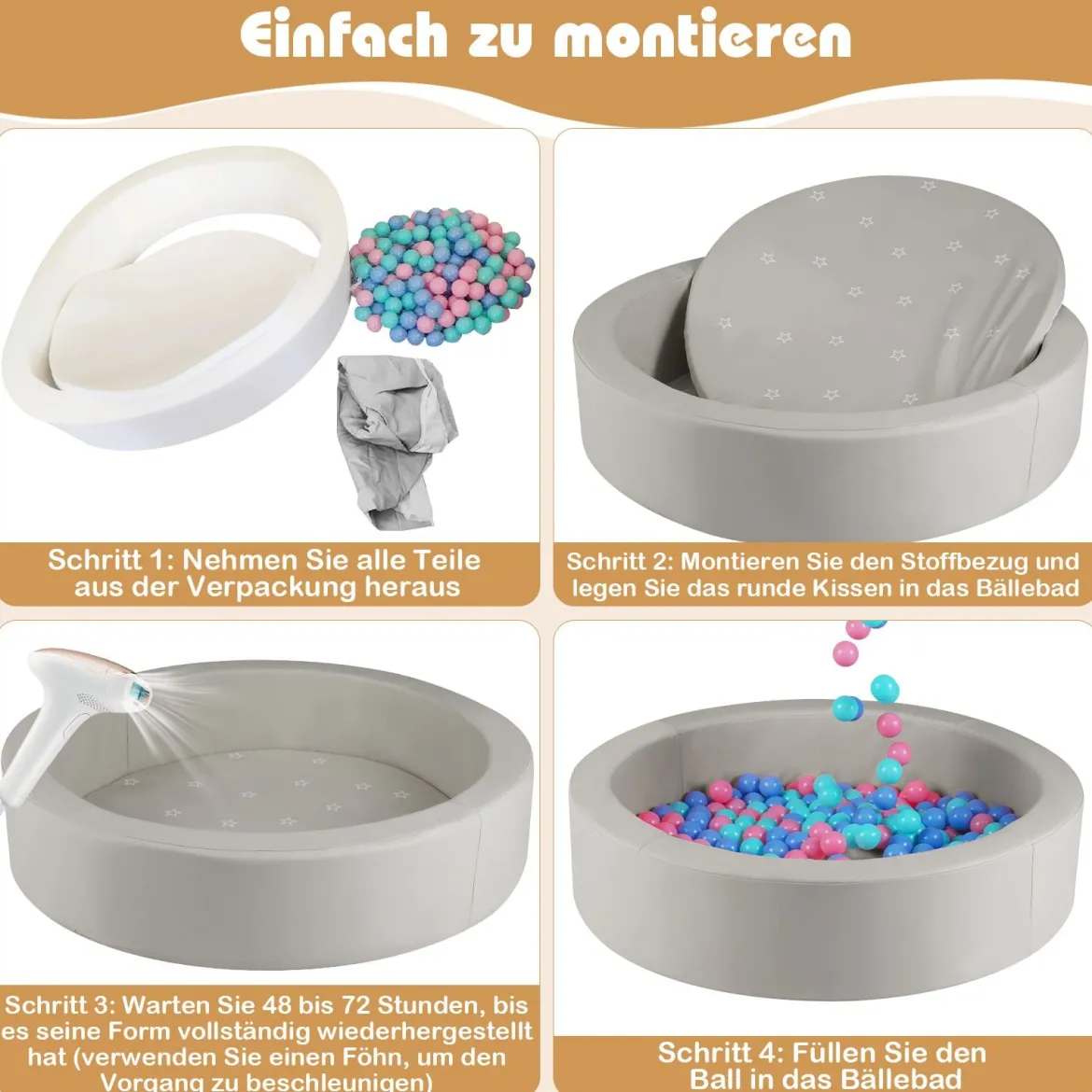 Φ105 Baby Bällebad mit 200 Ozeanbällen & Waschbarer Kunstlederbezug Bällepool Ballbecken Grau