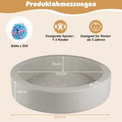 Φ105 Baby Bällebad mit 200 Ozeanbällen & Waschbarer Kunstlederbezug Bällepool Ballbecken Grau