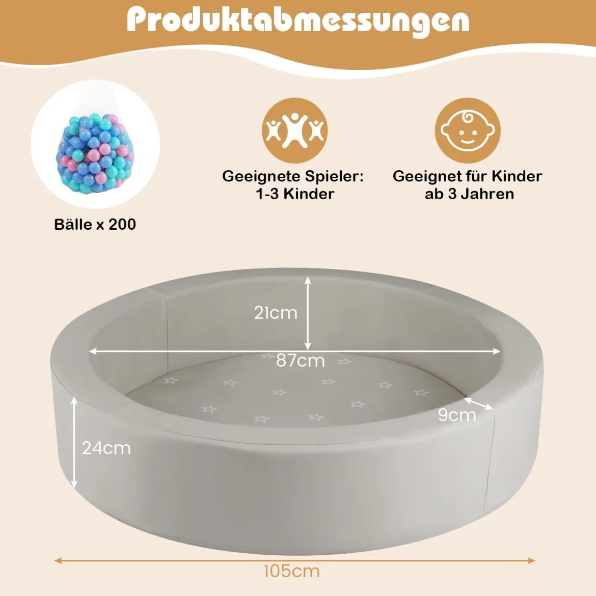 Φ105 Baby Bällebad mit 200 Ozeanbällen & Waschbarer Kunstlederbezug Bällepool Ballbecken Grau