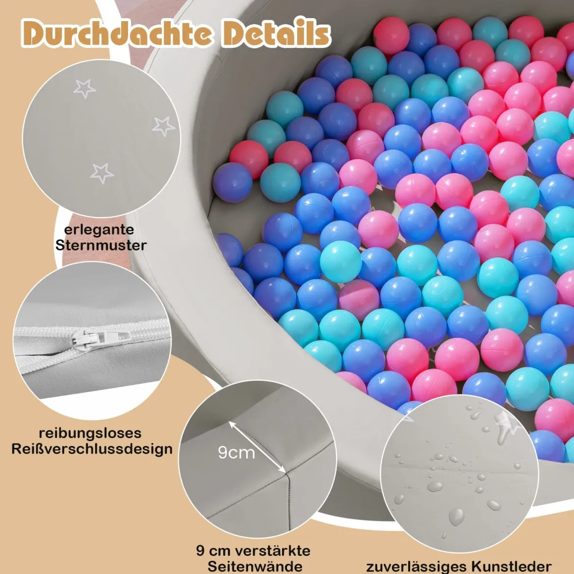 Φ105 Baby Bällebad mit 200 Ozeanbällen & Waschbarer Kunstlederbezug Bällepool Ballbecken Grau