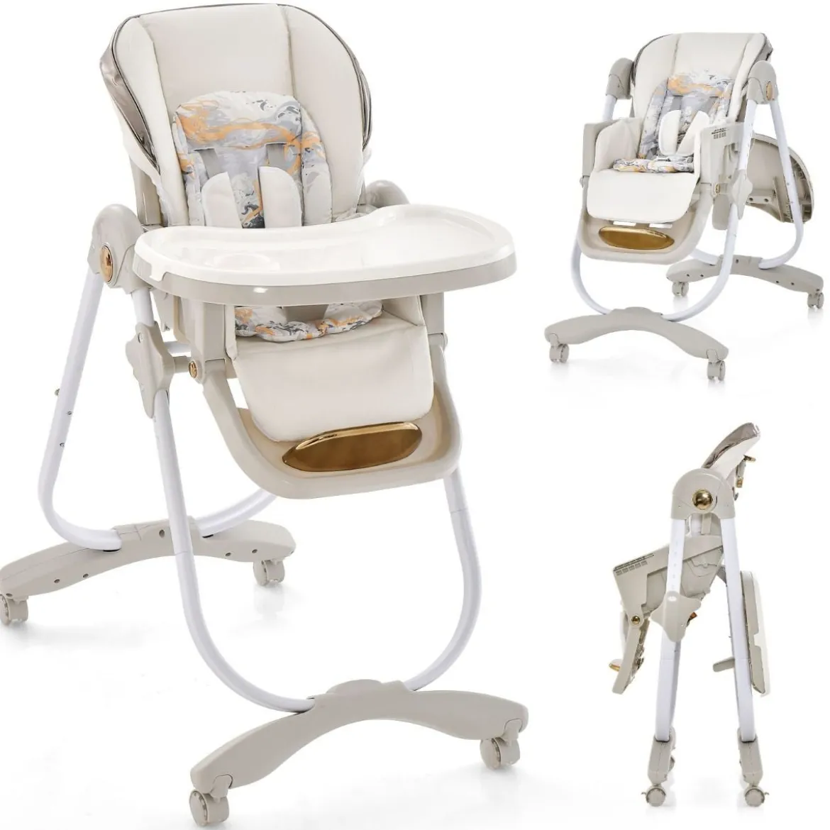 Baby Hochstuhl klappbar Babystuhl mit Liegefunktion Rädern & Doppeltablett 96,5 x 55 x 99–109 cm Grau