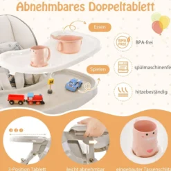 Baby Hochstuhl klappbar Babystuhl mit Liegefunktion Rädern & Doppeltablett 96,5 x 55 x 99–109 cm Grau