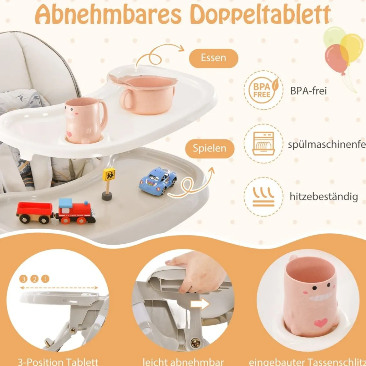 Baby Hochstuhl klappbar Babystuhl mit Liegefunktion Rädern & Doppeltablett 96,5 x 55 x 99–109 cm Grau