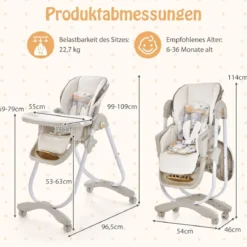 Baby Hochstuhl klappbar Babystuhl mit Liegefunktion Rädern & Doppeltablett 96,5 x 55 x 99–109 cm Grau