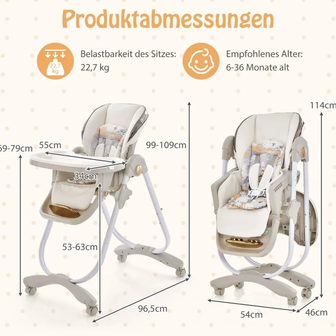Baby Hochstuhl klappbar Babystuhl mit Liegefunktion Rädern & Doppeltablett 96,5 x 55 x 99–109 cm Grau