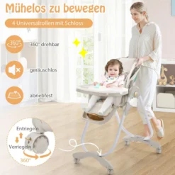 Baby Hochstuhl klappbar Babystuhl mit Liegefunktion Rädern & Doppeltablett 96,5 x 55 x 99–109 cm Grau