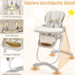 Baby Hochstuhl klappbar Babystuhl mit Liegefunktion Rädern & Doppeltablett 96,5 x 55 x 99–109 cm Grau
