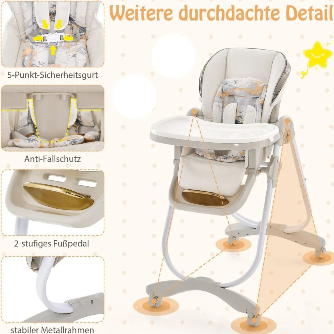 Baby Hochstuhl klappbar Babystuhl mit Liegefunktion Rädern & Doppeltablett 96,5 x 55 x 99–109 cm Grau