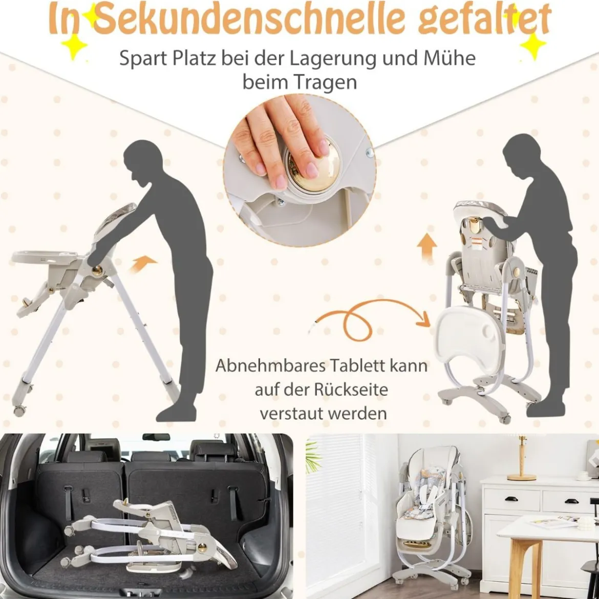 Baby Hochstuhl klappbar Babystuhl mit Liegefunktion Rädern & Doppeltablett 96,5 x 55 x 99–109 cm Grau