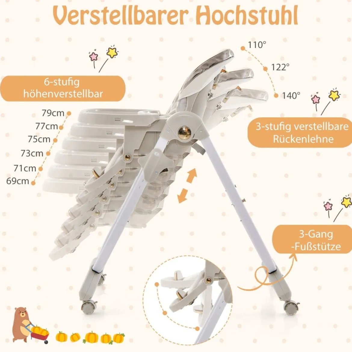 Baby Hochstuhl klappbar Babystuhl mit Liegefunktion Rädern & Doppeltablett 96,5 x 55 x 99–109 cm Grau