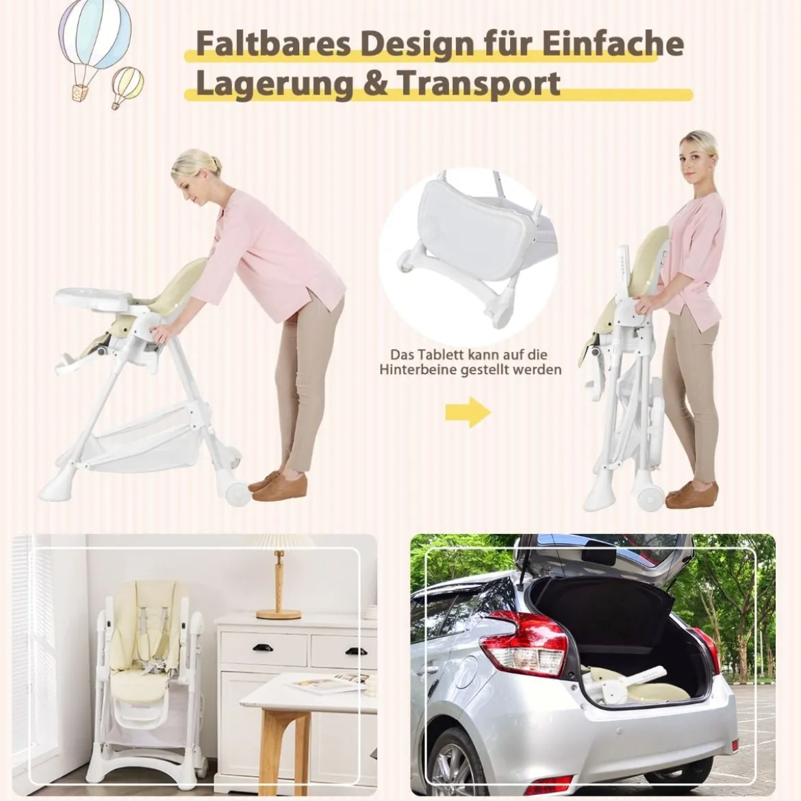 Baby Hochstuhl 5 stufige Rückenlehnenverstellung & 6 stufige Höhenverstellung Beige