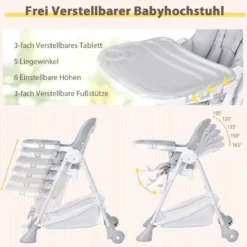 Baby Hochstuhl 5 stufige Rückenlehnenverstellung & 6 stufige Höhenverstellung Grau
