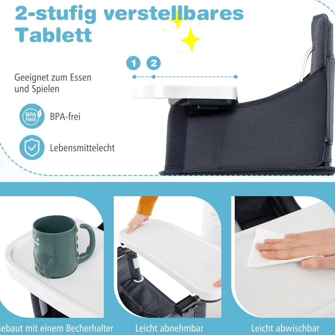 Baby Klappbarer Hochstuhl mit Verstellbarem Tablett & Tragetasche Kinderhochstuhl Babystuhl