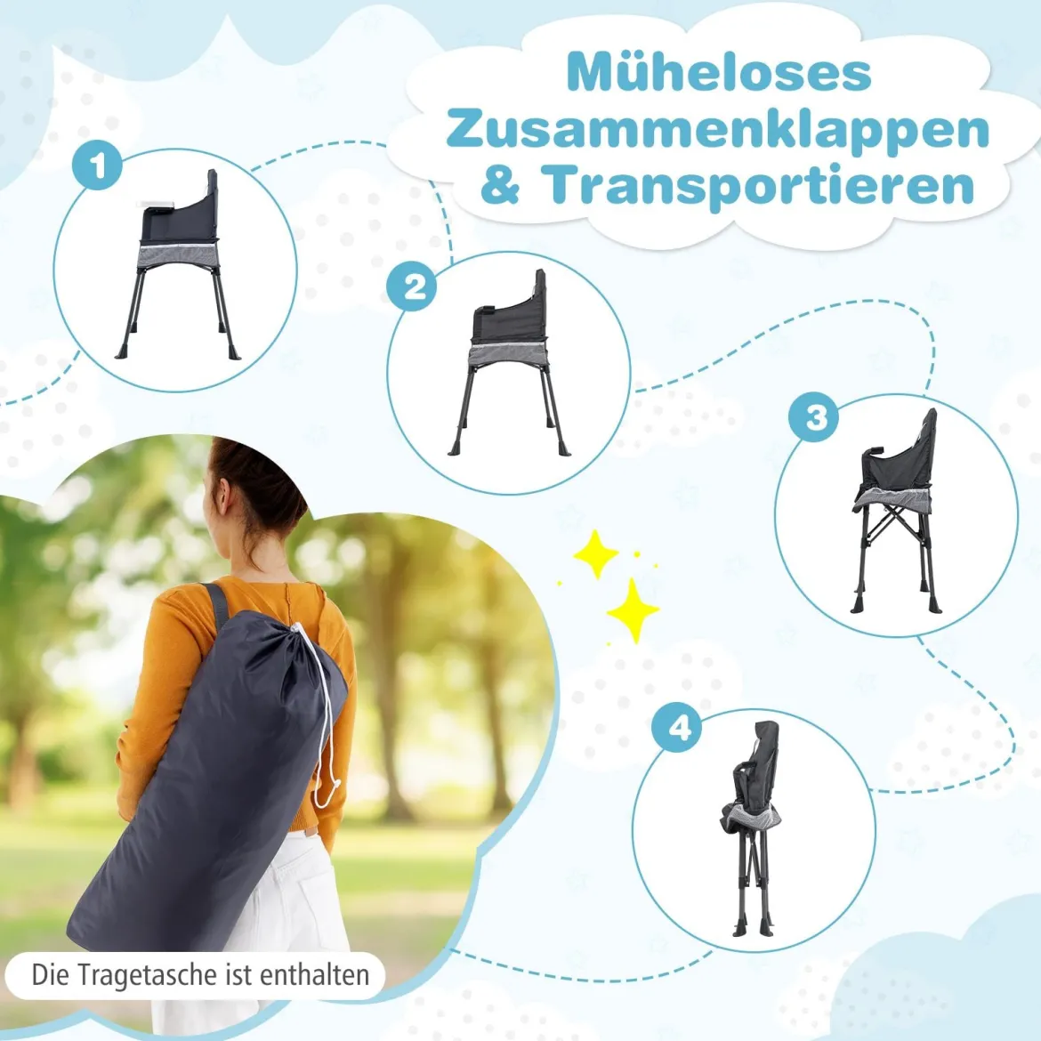 Baby Klappbarer Hochstuhl mit Verstellbarem Tablett & Tragetasche Kinderhochstuhl Babystuhl