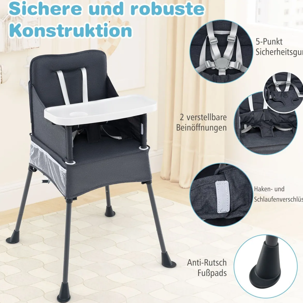 Baby Klappbarer Hochstuhl mit Verstellbarem Tablett & Tragetasche Kinderhochstuhl Babystuhl