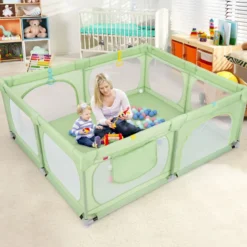 Baby-Laufgitter mit 4 Zugringen & 50 Ozeanbällen & Atmungsaktives Mesh & Tragetasche Grün