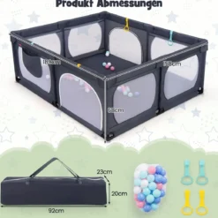 Baby-Laufgitter mit 4 Zugringen & 50 Ozeanbällen & Atmungsaktives Mesh & Tragetasche Dunkelgrau