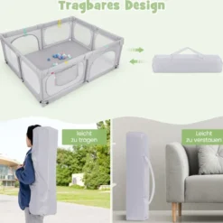 Baby-Laufgitter mit 4 Zugringen & 50 Ozeanbällen & Atmungsaktives Mesh & Tragetasche Hellgrau