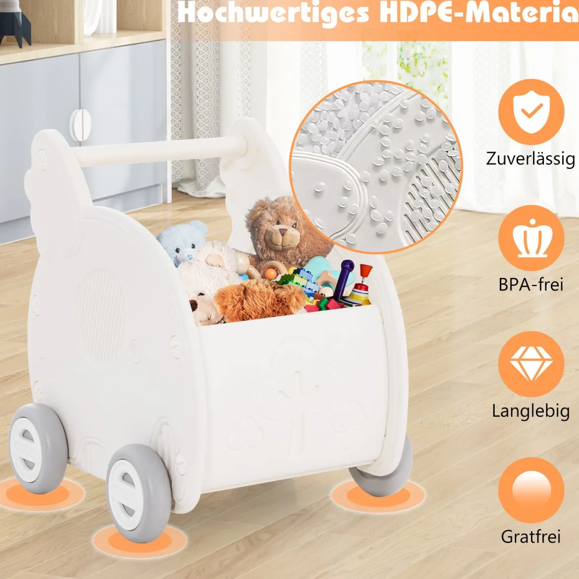 Baby Lauflernhilfe Schiebespielzeug 4-Rad Kleinkinderwagen in Elefantenform Weiß