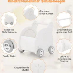 Baby Lauflernhilfe Schiebespielzeug 4-Rad Kleinkinderwagen in Elefantenform Weiß