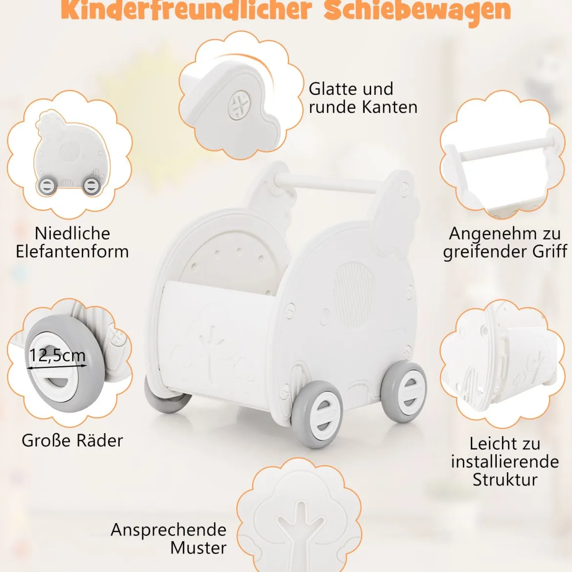 Baby Lauflernhilfe Schiebespielzeug 4-Rad Kleinkinderwagen in Elefantenform Weiß