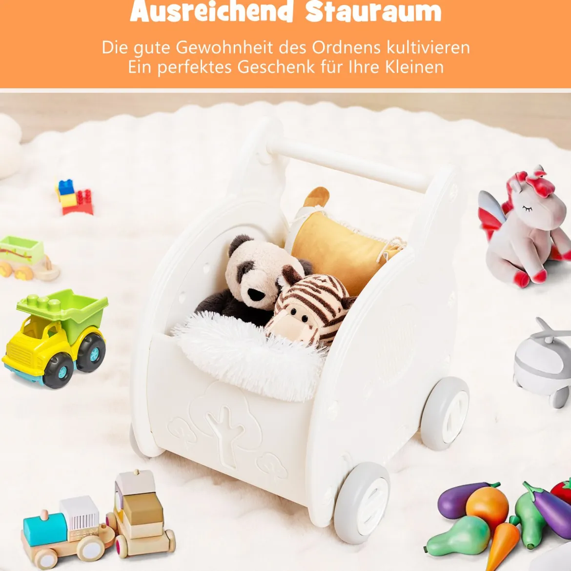 Baby Lauflernhilfe Schiebespielzeug 4-Rad Kleinkinderwagen in Elefantenform Weiß