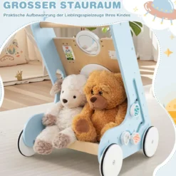 Baby Lauflernhilfe zum Schieben & Ziehen Holz Lauflernwagen Laufspielzeug mit Rädern Blau