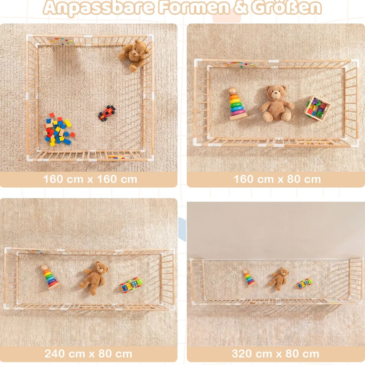 Baby Laufstall aus Kiefernholz inkl. 8 Paneele Faltbarer Laufgitter mit Tür Krabbelgitter 160 x 160 cm