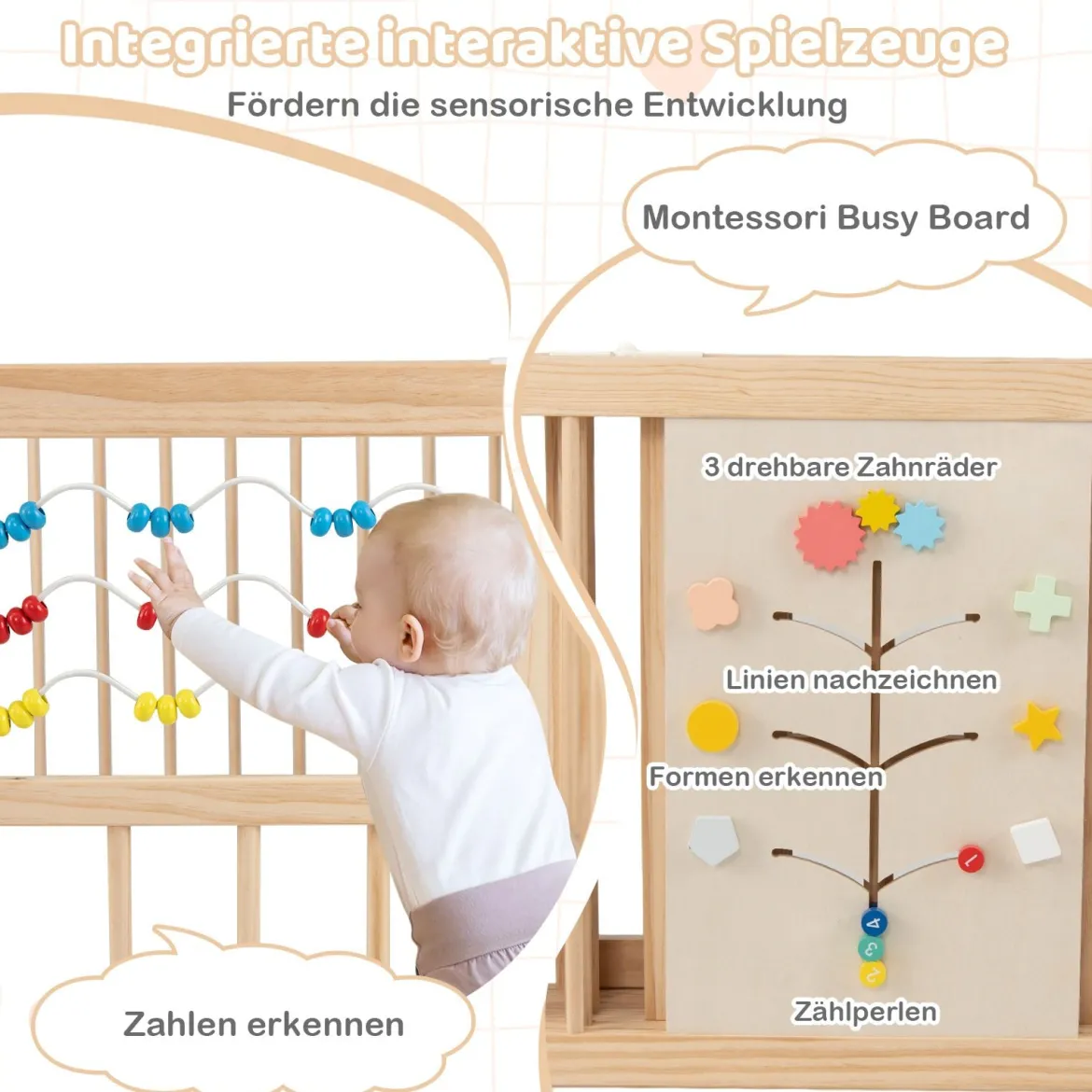 Baby Laufstall aus Kiefernholz inkl. 8 Paneele Faltbarer Laufgitter mit Tür Krabbelgitter 160 x 160 cm