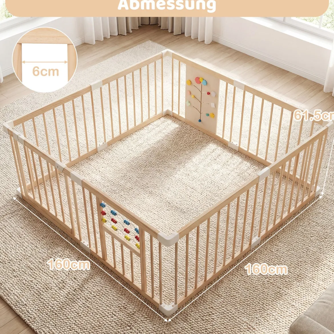 Baby Laufstall aus Kiefernholz inkl. 8 Paneele Faltbarer Laufgitter mit Tür Krabbelgitter 160 x 160 cm
