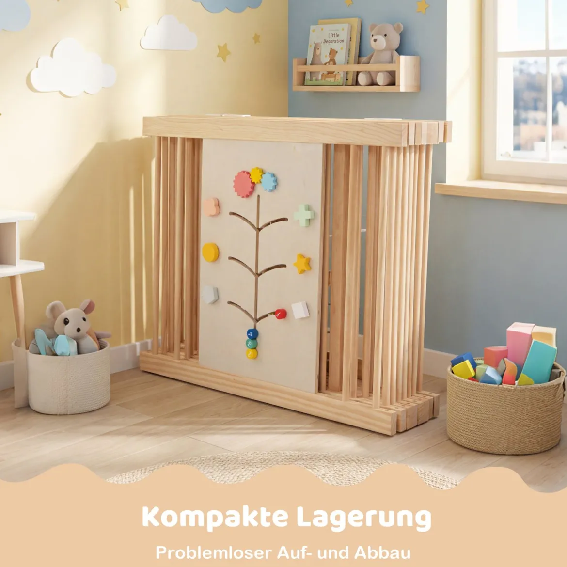 Baby Laufstall aus Kiefernholz inkl. 8 Paneele Faltbarer Laufgitter mit Tür Krabbelgitter 160 x 160 cm