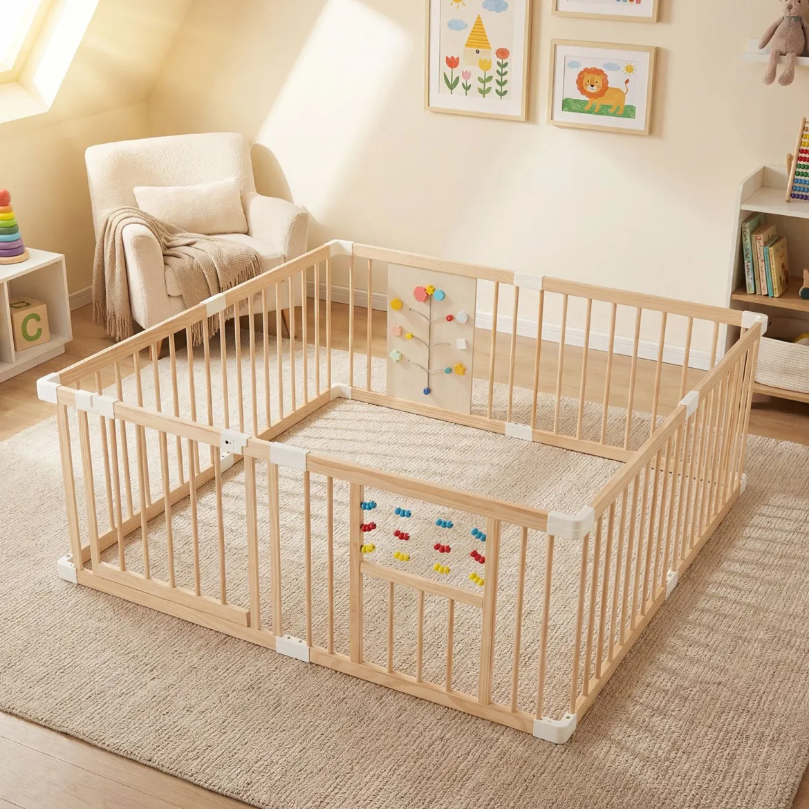 Baby Laufstall aus Kiefernholz inkl. 8 Paneele Faltbarer Laufgitter mit Tür Krabbelgitter 160 x 160 cm