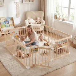 Baby Laufstall aus Kiefernholz inkl. 8 Paneele Faltbarer Laufgitter mit Tür Krabbelgitter 160 x 160 cm